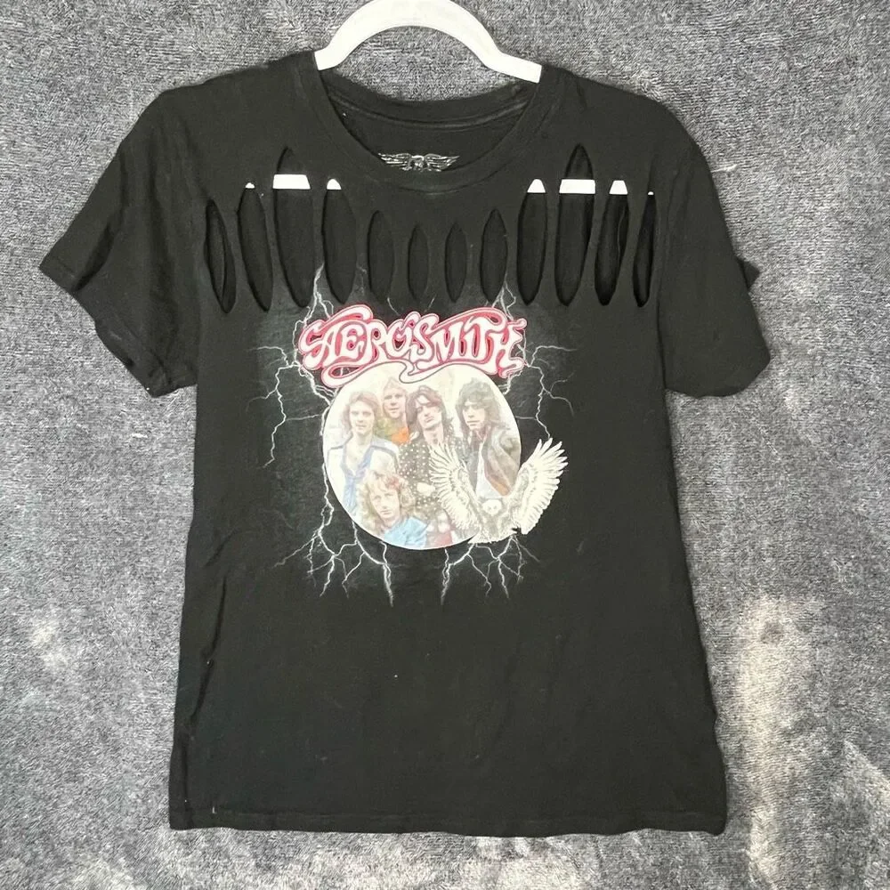 Aerosmith Distressed Graphic Rock Band Tee Womens Shirt Black Size Medium